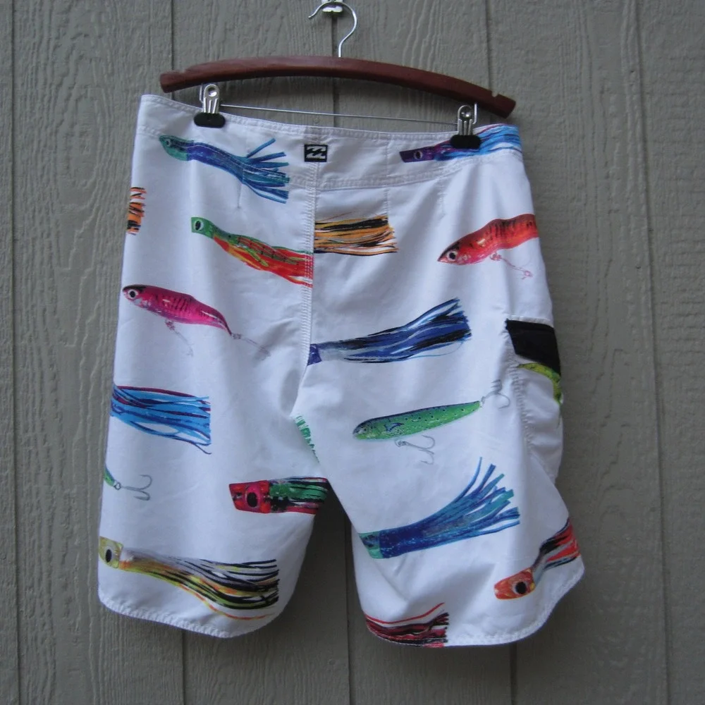 Billabong Board Short Mens 38 White Blue Fishing Lure Print Beach